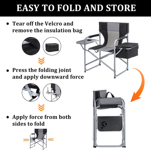 Heavy-duty folding camping chair with side table
Black outdoor director’s chair with cooler bag
Close-up of built-in cup holder and folding frame
Portable folding chair folded and packed for storage
Camping chair in use outdoors near a tent and a cooler