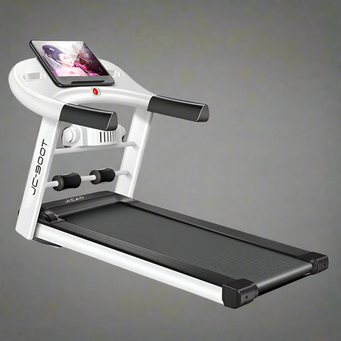 Folding treadmill front view with LCD screen
Compact treadmill side profile
Foldable treadmill for small spaces
Running belt close-up of JCT900E
JCT900E treadmill folded and stored