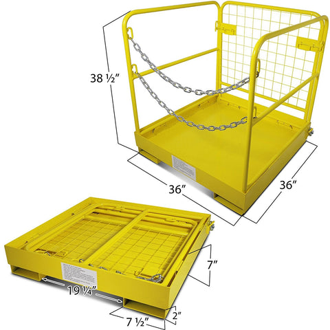 Forklift safety work platform cage
Aerial lift basket attachment for forklifts
WP36 safety cage with double doors
Folding yellow forklift cage for elevated tasks
Galvanized mesh safety cage on warehouse floor