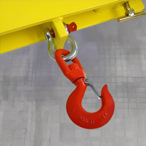 Forklift swivel hoist jib with 2246 lbs lifting capacity
Heavy-duty yellow fork jib attachment for skid steer
Industrial lifting hook for forklift with double fork mount
Forklift attachment swivel hoist powder-coated yellow
Skid steer compatible swivel fork jib for heavy loads