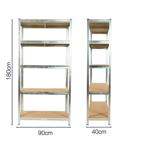 Front view of 5-tier galvanized steel shelf with MDF boards
Angled close-up showing adjustable shelves and metal frame
Storage rack in garage with tools and bins
Flat-packed shelving unit with assembly instructions