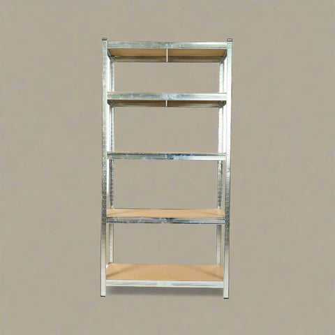 Front view of 5-tier galvanized steel shelf with MDF boards
Angled close-up showing adjustable shelves and metal frame
Storage rack in garage with tools and bins
Flat-packed shelving unit with assembly instructions