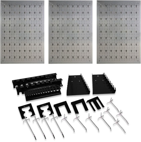 Heavy-duty metal pegboard set with 3 panels and 22 tool holders for garage or workshop wall organization