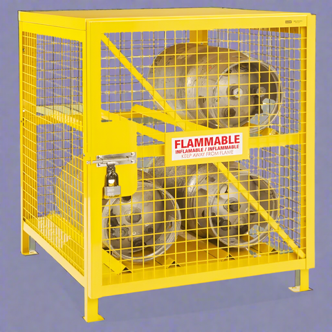 “Yellow propane tank storage cage with 4-cylinder capacity – OSHA compliant”
“Side view of forklift-ready base on propane cage”
“Interior of propane tank cabinet with horizontal steel shelving”
“Combo safety cage for 10 gas cylinders – 8 horizontal and 2 vertical slots”