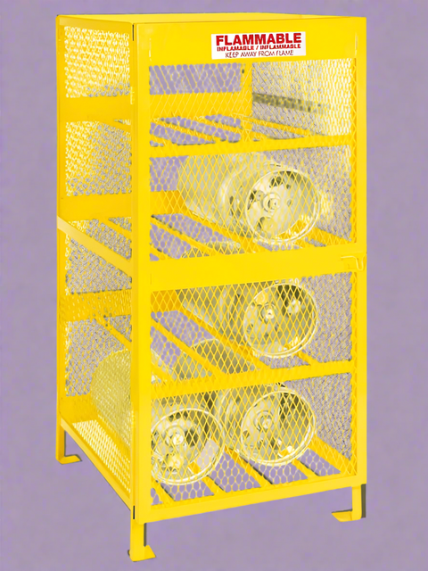 “Yellow propane tank storage cage with 4-cylinder capacity – OSHA compliant”
“Side view of forklift-ready base on propane cage”
“Interior of propane tank cabinet with horizontal steel shelving”
“Combo safety cage for 10 gas cylinders – 8 horizontal and 2 vertical slots”