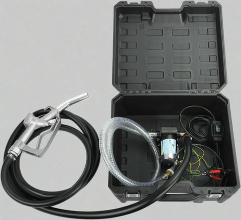 12V Fuel Transfer Pump Kit – Full Case View | Model S1180
Heavy-Duty Fuel Pump for Gas and Diesel – Components Displayed
Fuel Transfer Hose and Nozzle with Compact Pump Setup
Storage Box with Fuel Pump System for On-the-Go Use