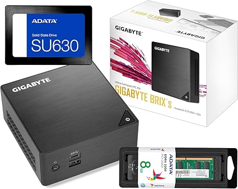 GIGABYTE BRIX mini PC with packaging
Intel Celeron J4105 mini desktop front view
Rear ports of BRIX GB-BLCE-4105 including HDMI, Ethernet, USB
Internal layout showing M.2 and 2.5” storage support
Ultra-compact BRIX mini PC on desk with monitor