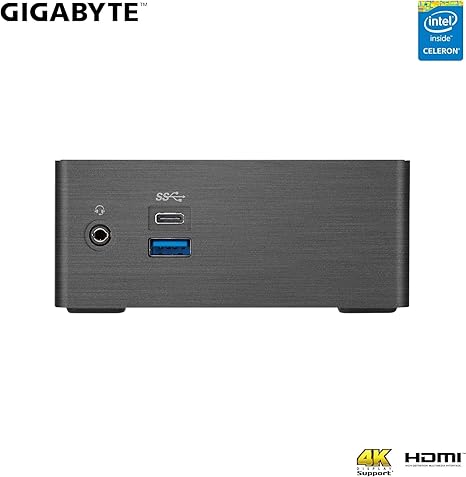 GIGABYTE BRIX mini PC with packaging
Intel Celeron J4105 mini desktop front view
Rear ports of BRIX GB-BLCE-4105 including HDMI, Ethernet, USB
Internal layout showing M.2 and 2.5” storage support
Ultra-compact BRIX mini PC on desk with monitor