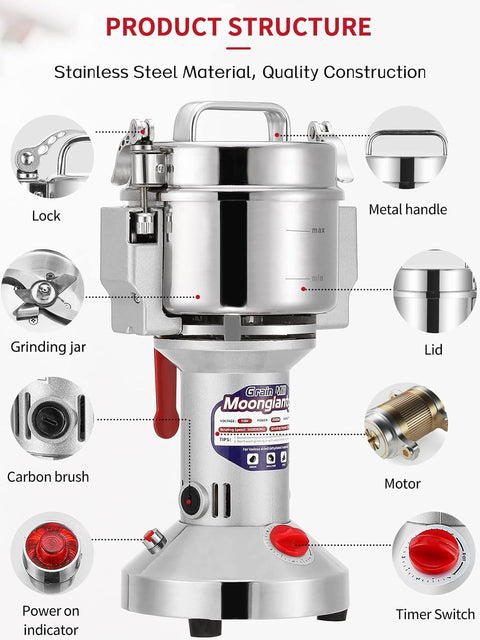 "700g electric stainless steel grain grinder with safety lid"
"High-speed commercial spice mill with overload protection"
"Herb and grain electric grinder for kitchen and lab use"
