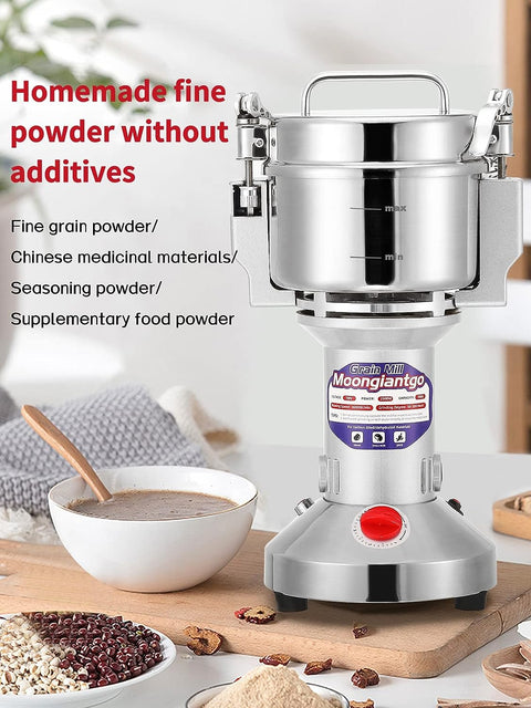 "700g electric stainless steel grain grinder with safety lid"
"High-speed commercial spice mill with overload protection"
"Herb and grain electric grinder for kitchen and lab use"