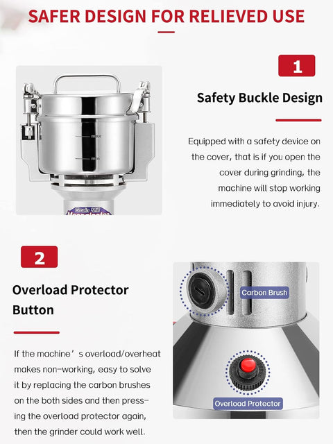 "700g electric stainless steel grain grinder with safety lid"
"High-speed commercial spice mill with overload protection"
"Herb and grain electric grinder for kitchen and lab use"