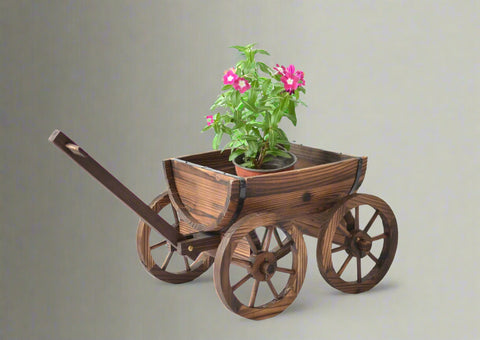"Rustic wagon wheel planter with burnt wood finish"
"Half barrel garden planter with iron wheels"
"Country-style wooden flower pot for patios and balconies"
"Vintage decorative garden barrel planter WWP43"