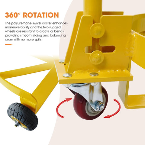Heavy-duty drum dolly with T-handle and footboard
1100 lb steel frame dolly for 55-gallon drums
Yellow industrial drum trolley with caster wheels
Universal drum cart with solid foot support
Drum dolly with polyurethane wheels for smooth mobility
