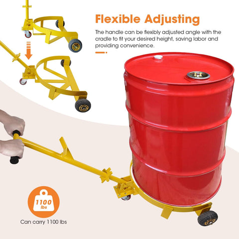 Heavy-duty drum dolly with T-handle and footboard
1100 lb steel frame dolly for 55-gallon drums
Yellow industrial drum trolley with caster wheels
Universal drum cart with solid foot support
Drum dolly with polyurethane wheels for smooth mobility