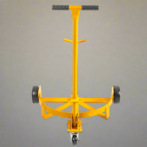Heavy-duty drum dolly with T-handle and footboard
1100 lb steel frame dolly for 55-gallon drums
Yellow industrial drum trolley with caster wheels
Universal drum cart with solid foot support
Drum dolly with polyurethane wheels for smooth mobility