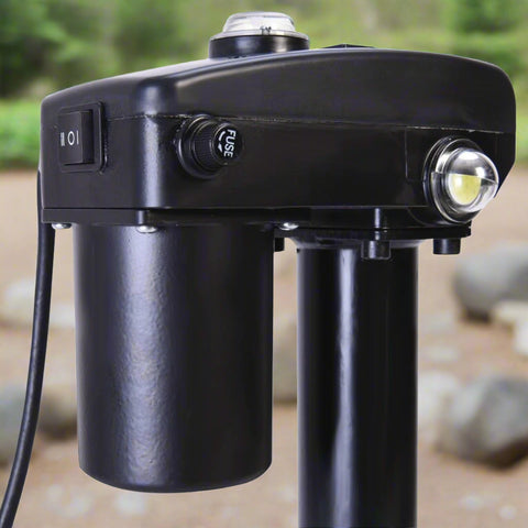 3500 lb 12V electric trailer tongue jack black finish
Heavy-duty RV jack with LED light and backup crank
Side view of 3-point hitch power tongue jack
Electric jack for camper trailer RV hitch mount