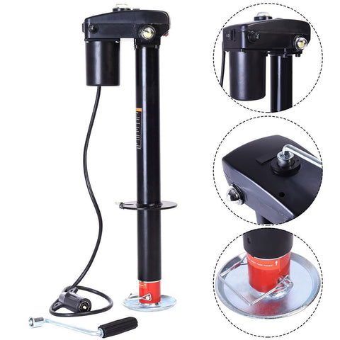 3500 lb 12V electric trailer tongue jack black finish
Heavy-duty RV jack with LED light and backup crank
Side view of 3-point hitch power tongue jack
Electric jack for camper trailer RV hitch mount