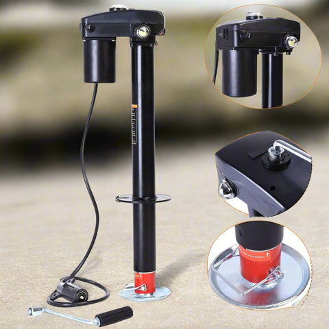 3500 lb 12V electric trailer tongue jack black finish
Heavy-duty RV jack with LED light and backup crank
Side view of 3-point hitch power tongue jack
Electric jack for camper trailer RV hitch mount