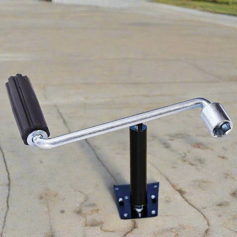 3500 lb 12V electric trailer tongue jack black finish
Heavy-duty RV jack with LED light and backup crank
Side view of 3-point hitch power tongue jack
Electric jack for camper trailer RV hitch mount