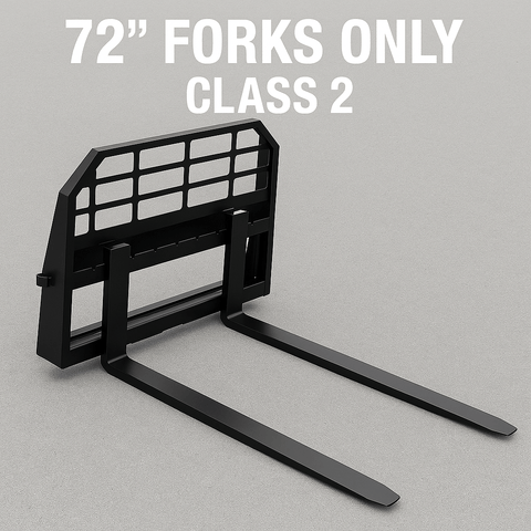 Heavy-duty skid steer pallet forks lifting a load
CNC carriage bar with quick attach mounting
Close-up of forks locked in carriage slots
Side step feature on fork frame
Variants of 48", 60", 72", and 96" forks shown on pallet