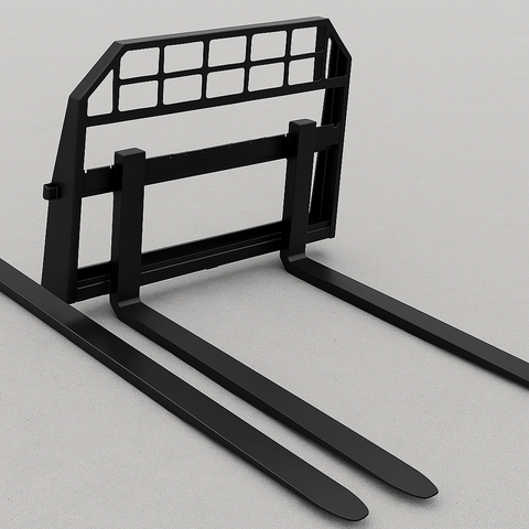 Heavy-duty skid steer pallet forks lifting a load
CNC carriage bar with quick attach mounting
Close-up of forks locked in carriage slots
Side step feature on fork frame
Variants of 48", 60", 72", and 96" forks shown on pallet