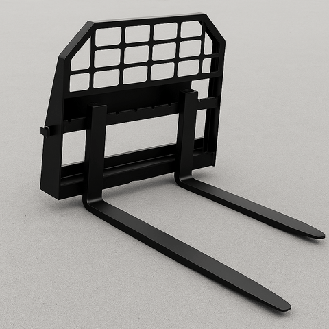 Heavy-duty skid steer pallet forks lifting a load
CNC carriage bar with quick attach mounting
Close-up of forks locked in carriage slots
Side step feature on fork frame
Variants of 48", 60", 72", and 96" forks shown on pallet