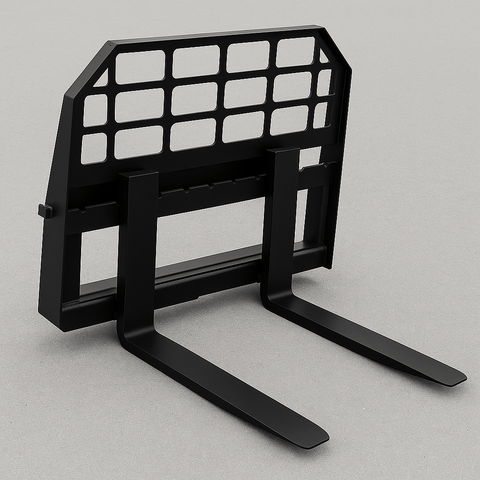 Heavy-duty skid steer pallet forks lifting a load
CNC carriage bar with quick attach mounting
Close-up of forks locked in carriage slots
Side step feature on fork frame
Variants of 48", 60", 72", and 96" forks shown on pallet