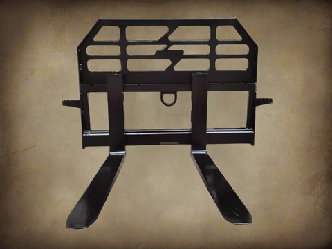 Heavy-duty skid steer pallet forks lifting a load
CNC carriage bar with quick attach mounting
Close-up of forks locked in carriage slots
Side step feature on fork frame
Variants of 48", 60", 72", and 96" forks shown on pallet