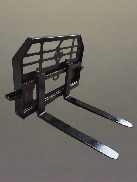 Heavy-duty skid steer pallet forks lifting a load
CNC carriage bar with quick attach mounting
Close-up of forks locked in carriage slots
Side step feature on fork frame
Variants of 48", 60", 72", and 96" forks shown on pallet