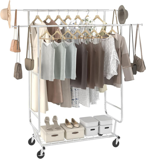 New Heavy Duty Double Rod Clothing Garment Rack – Rolling Adjustable Closet Organizer with Storage 600 lbs Capacity SKU AMCMR2992 - with | Sold by Uncle Wiener's Wholesale