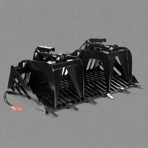 Skeleton grapple bucket with dual hydraulic arms
72-inch rock bucket with fine grade tine spacing
Skid steer rock rake attachment for sorting debris
Side view of grapple arms open and closed