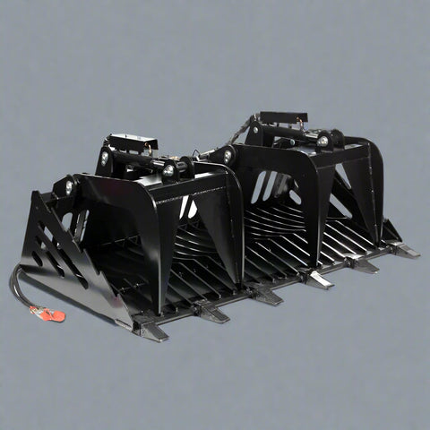 Skeleton grapple bucket with dual hydraulic arms
72-inch rock bucket with fine grade tine spacing
Skid steer rock rake attachment for sorting debris
Side view of grapple arms open and closed