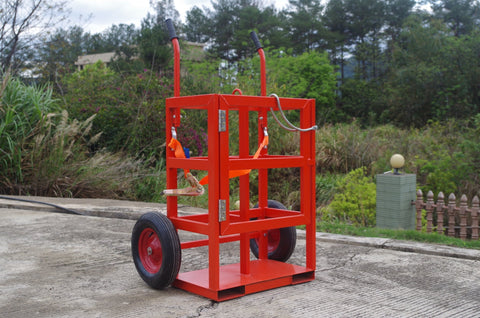 "Heavy-duty welding gas cylinder cart for oxygen and acetylene tanks"
"Dual tank red welding cart with hose storage and safety chains"
"Industrial gas cylinder trolley for safe cylinder transport"