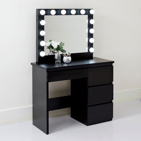 "Hollywood LED Light Mirror Dressing Table in White Finish"
"Black Vanity Dressing Table with LED Lighted Mirror"
"Spacious Drawer Storage in Hollywood Style Dressing Table"
"LED Mirror Close-up with Adjustable Brightness for Makeup"
"Modern White and Black Dressing Table Sets for Bedrooms"