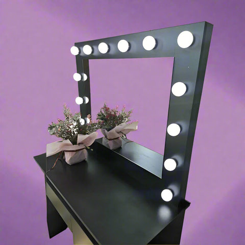 "Hollywood LED Light Mirror Dressing Table in White Finish"
"Black Vanity Dressing Table with LED Lighted Mirror"
"Spacious Drawer Storage in Hollywood Style Dressing Table"
"LED Mirror Close-up with Adjustable Brightness for Makeup"
"Modern White and Black Dressing Table Sets for Bedrooms"