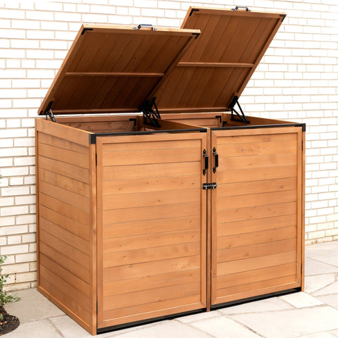 Outdoor Medium Trash & Recycling Storage Shed - Cypress Wood
Garbage Bin Storage Enclosure with Dual Doors and Top Lid
Brown Cypress Wooden Outdoor Garbage Shed for 2 Bins
Weather-Resistant Horizontal Storage Shed for Trash Bins
Durable Wooden Recycling Bin Storage Cabinet for Outdoors