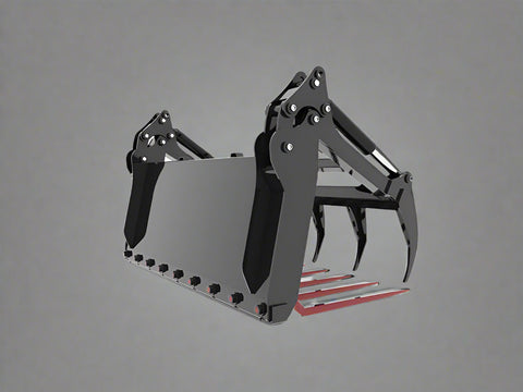 Main Image: 72” manure grapple fork for skid steer with hydraulic claws
Side view of dual grapple arms open
Grapple in closed position for transport
Grapple fork mounted on a skid steer loader