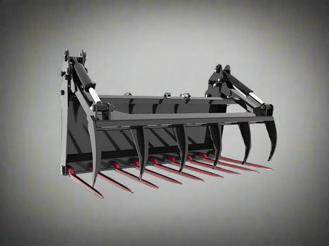 Main Image: 72” manure grapple fork for skid steer with hydraulic claws
Side view of dual grapple arms open
Grapple in closed position for transport
Grapple fork mounted on a skid steer loader