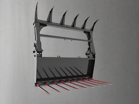 Main Image: 72” manure grapple fork for skid steer with hydraulic claws
Side view of dual grapple arms open
Grapple in closed position for transport
Grapple fork mounted on a skid steer loader