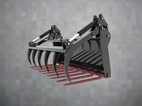 Main Image: 72” manure grapple fork for skid steer with hydraulic claws
Side view of dual grapple arms open
Grapple in closed position for transport
Grapple fork mounted on a skid steer loader