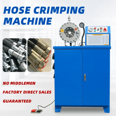 Hydraulic hose crimping machine full view
400 ton hydraulic hose press with tool cabinet
Close-up of hose crimp die sets
Hose crimping tool with 10L oil pump
Industrial hydraulic press for 6–51mm hoses