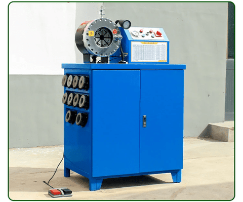 Hydraulic hose crimping machine full view
400 ton hydraulic hose press with tool cabinet
Close-up of hose crimp die sets
Hose crimping tool with 10L oil pump
Industrial hydraulic press for 6–51mm hoses