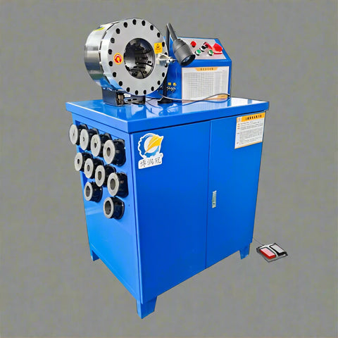 Hydraulic hose crimping machine full view
400 ton hydraulic hose press with tool cabinet
Close-up of hose crimp die sets
Hose crimping tool with 10L oil pump
Industrial hydraulic press for 6–51mm hoses