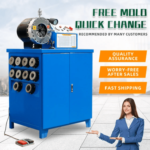 Hydraulic hose crimping machine full view
400 ton hydraulic hose press with tool cabinet
Close-up of hose crimp die sets
Hose crimping tool with 10L oil pump
Industrial hydraulic press for 6–51mm hoses