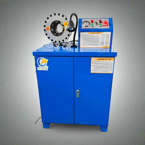 Hydraulic hose crimping machine full view
400 ton hydraulic hose press with tool cabinet
Close-up of hose crimp die sets
Hose crimping tool with 10L oil pump
Industrial hydraulic press for 6–51mm hoses
