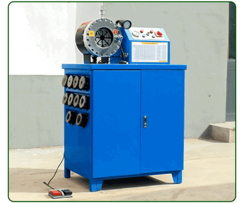 Hydraulic hose crimping machine full view
400 ton hydraulic hose press with tool cabinet
Close-up of hose crimp die sets
Hose crimping tool with 10L oil pump
Industrial hydraulic press for 6–51mm hoses