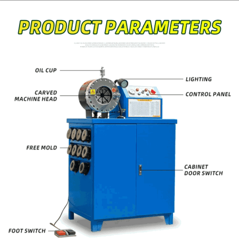 Hydraulic hose crimping machine full view
400 ton hydraulic hose press with tool cabinet
Close-up of hose crimp die sets
Hose crimping tool with 10L oil pump
Industrial hydraulic press for 6–51mm hoses