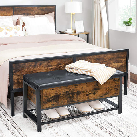 "Industrial Chesterfield-style storage bench ottoman with black metal frame, faux leather tufted top, and hidden trunk storage – Model TSLB2110"