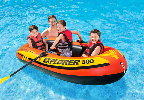 Intex Explorer 300 inflatable boat top view
3-person orange inflatable raft with oars
Durable vinyl inflatable boat for lake or pool
Explorer 300 model 58332NP with grab rope
Lightweight and compact Intex boat