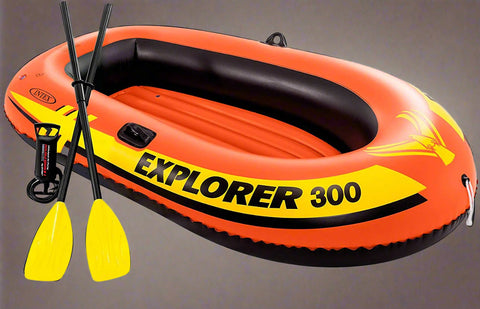 Intex Explorer 300 inflatable boat top view
3-person orange inflatable raft with oars
Durable vinyl inflatable boat for lake or pool
Explorer 300 model 58332NP with grab rope
Lightweight and compact Intex boat